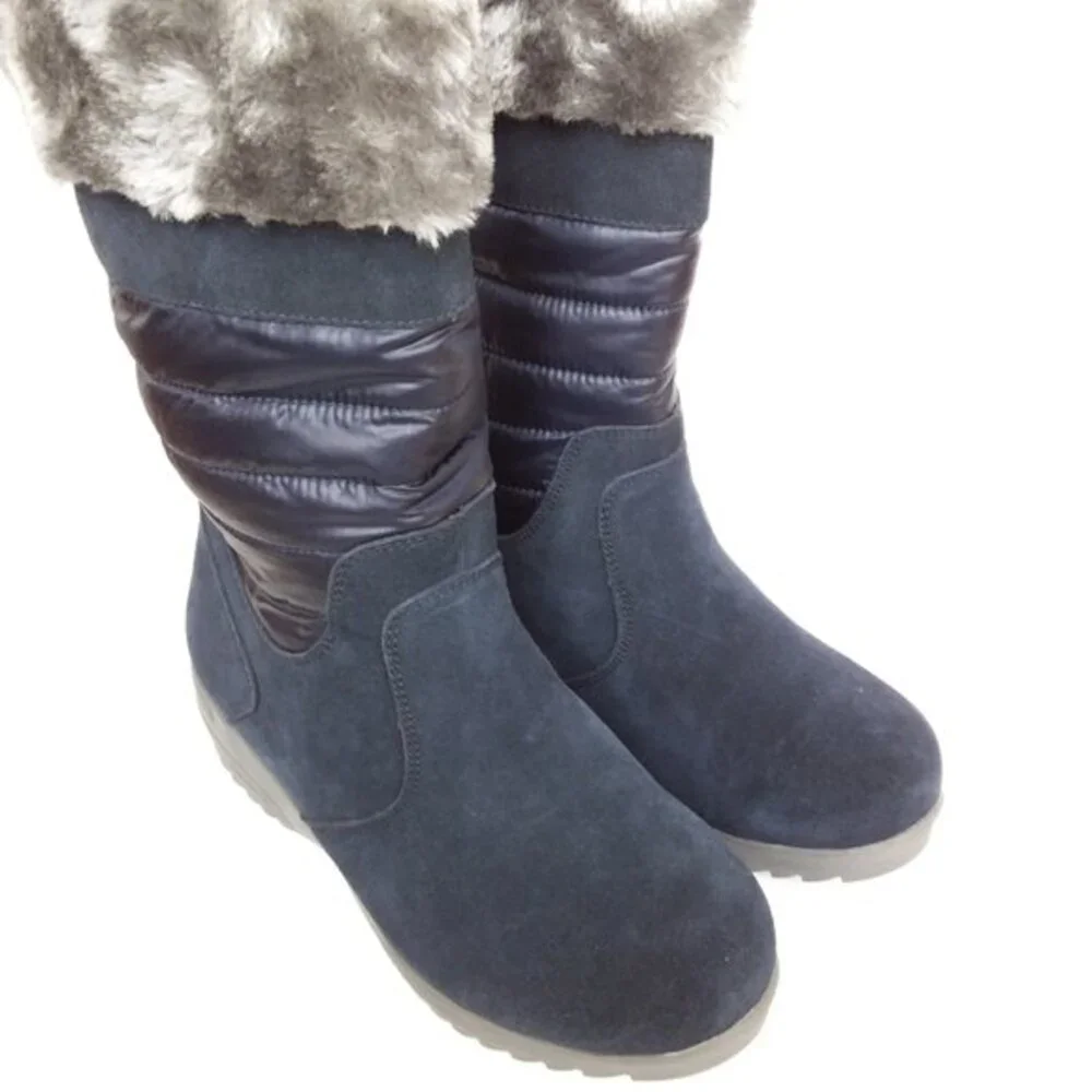Lands' End Wide Width Faux Fur Topped Boots Pull-on Navy 7.5D
